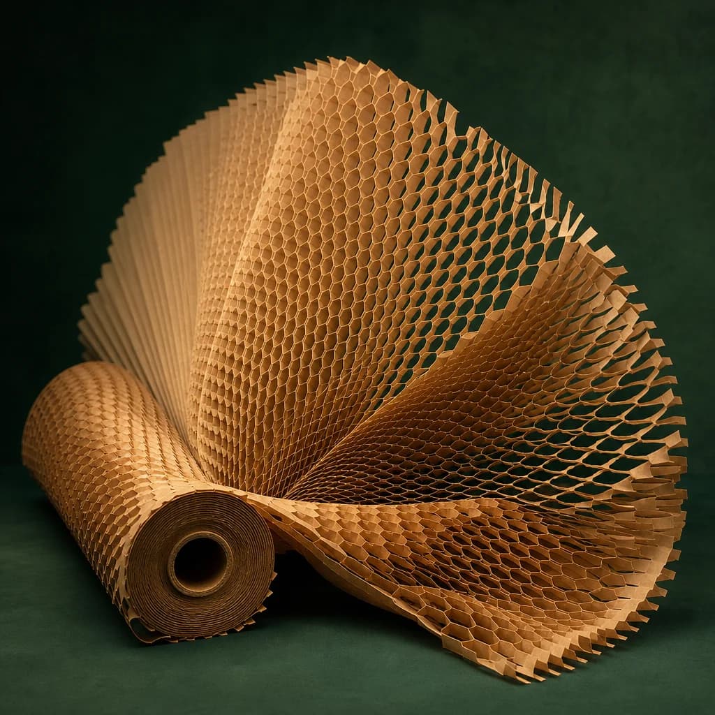 Honeycomb protective wrap unrolled in a fan shape